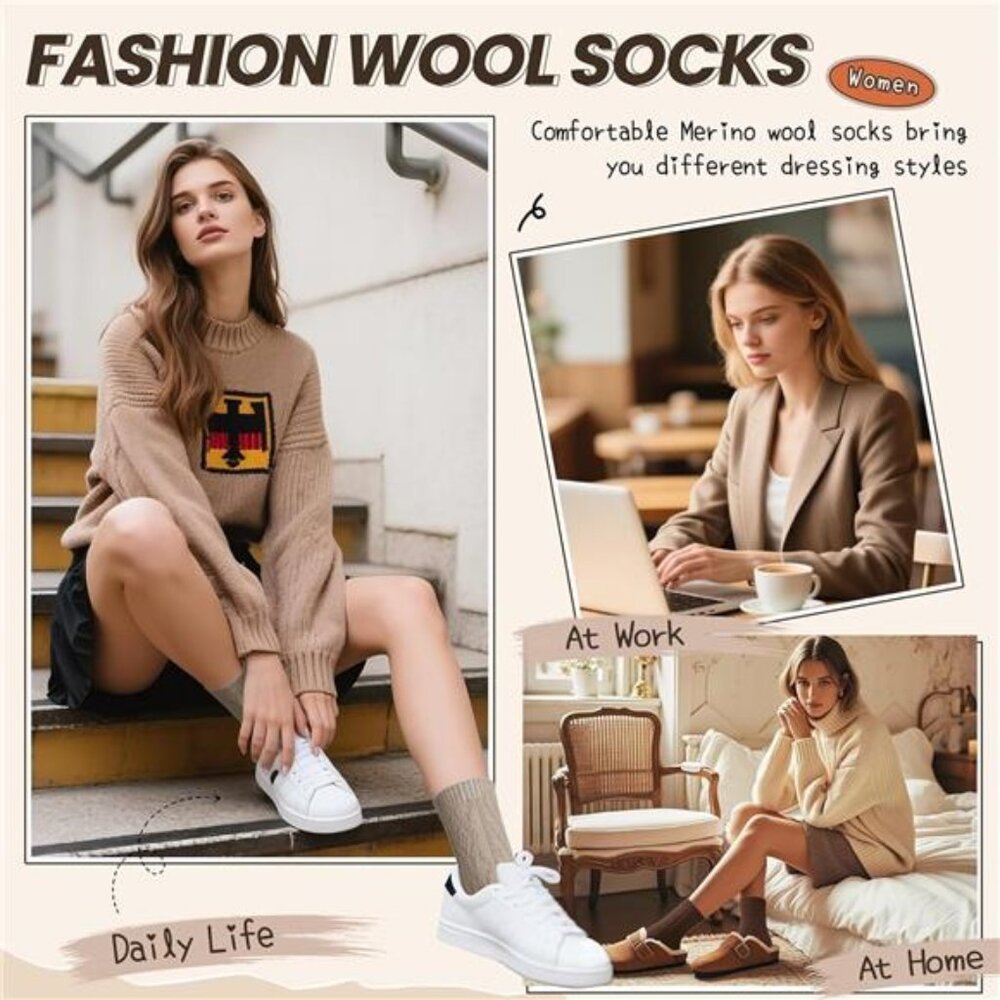 Womens Wool Boot Socks Knit Warm Winter Cozy Thermal Hiking Dress - Picture 6 of 7